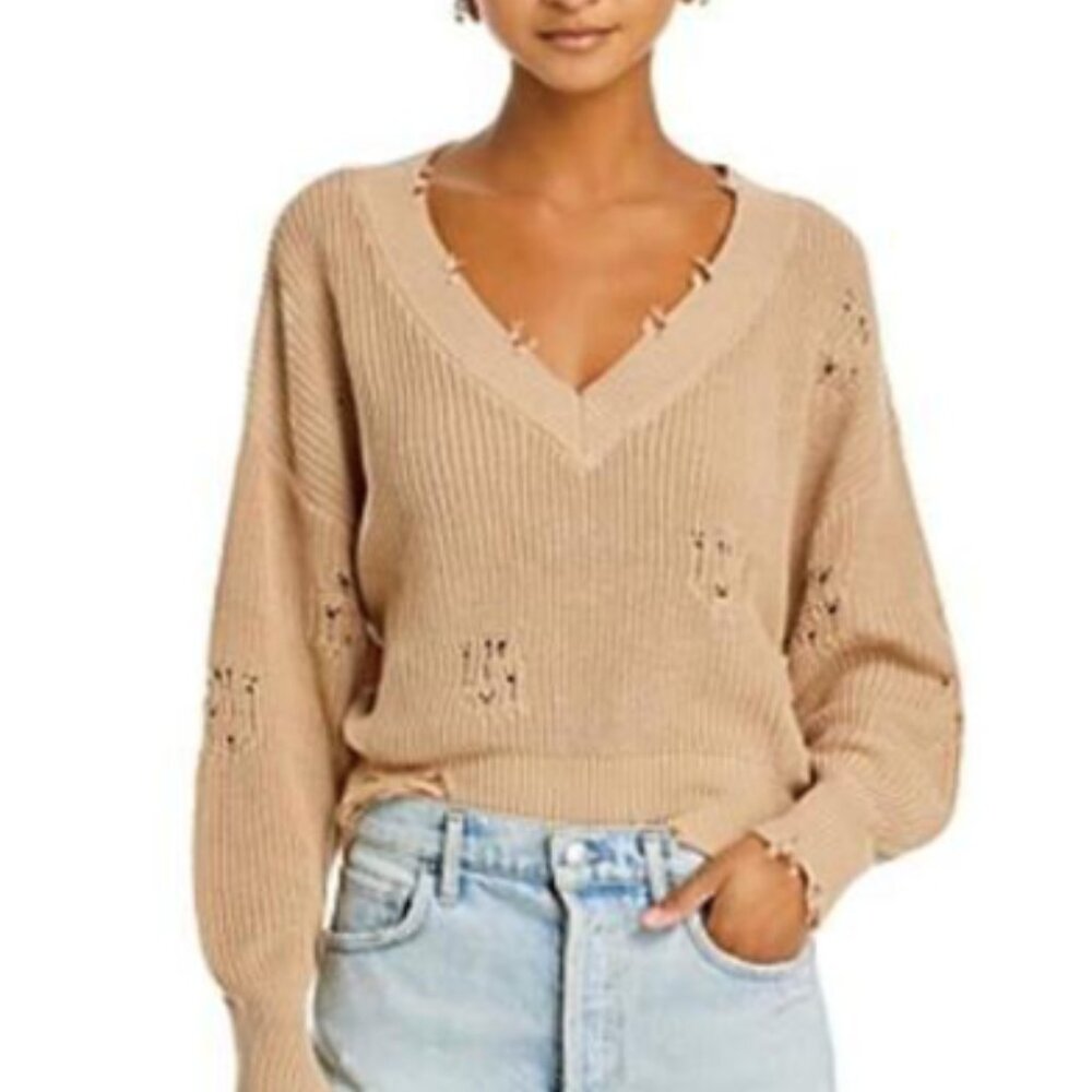 SER.O.YA Distressed V-Neck Knit Sweater in Beige - Size L